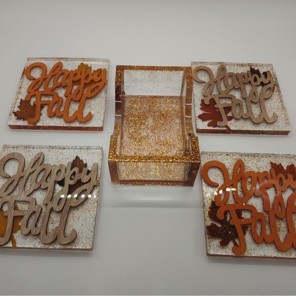 Coasters w/ Holder "Happy Fall" w/ Glitter - Picture 4 of 5